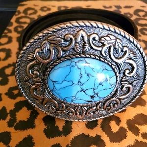 Turquoise Buckle, Genuine Black Leather Belt
